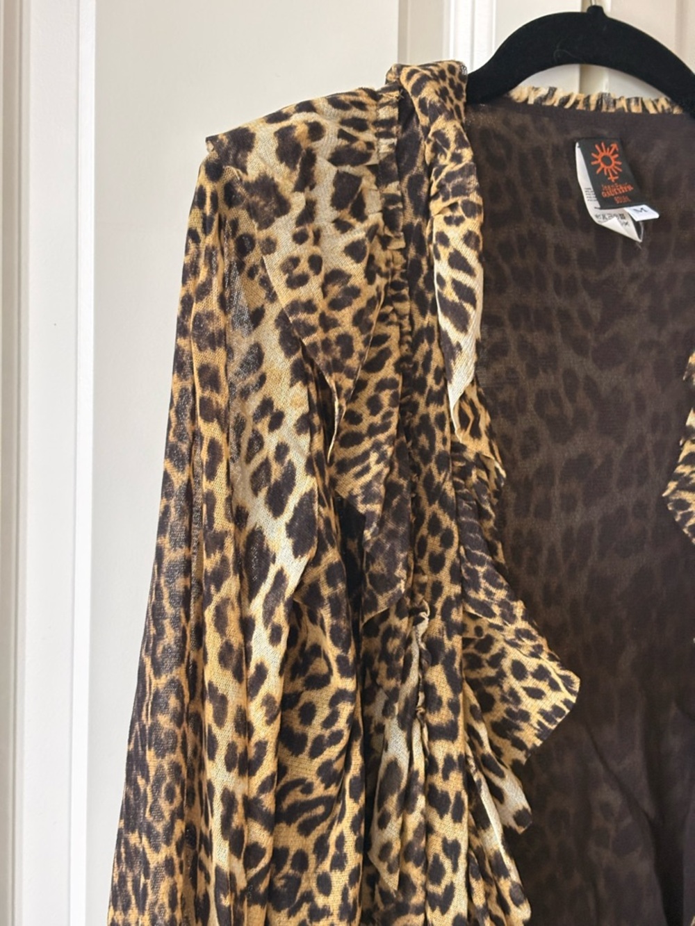 Jean Paul Gaultier Leopard Print Ruffle Open-Front Mesh Top Cardigan - Picture 3 of 12